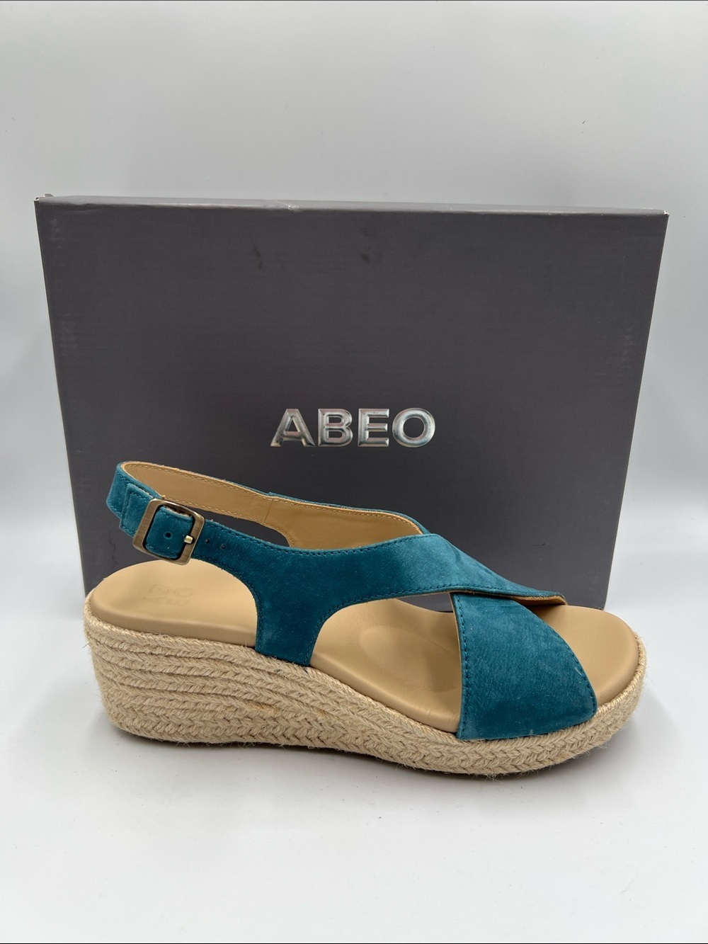 ABEO Riviera Cross espadrille sandal shoe wedge platform teal blue leather new 7